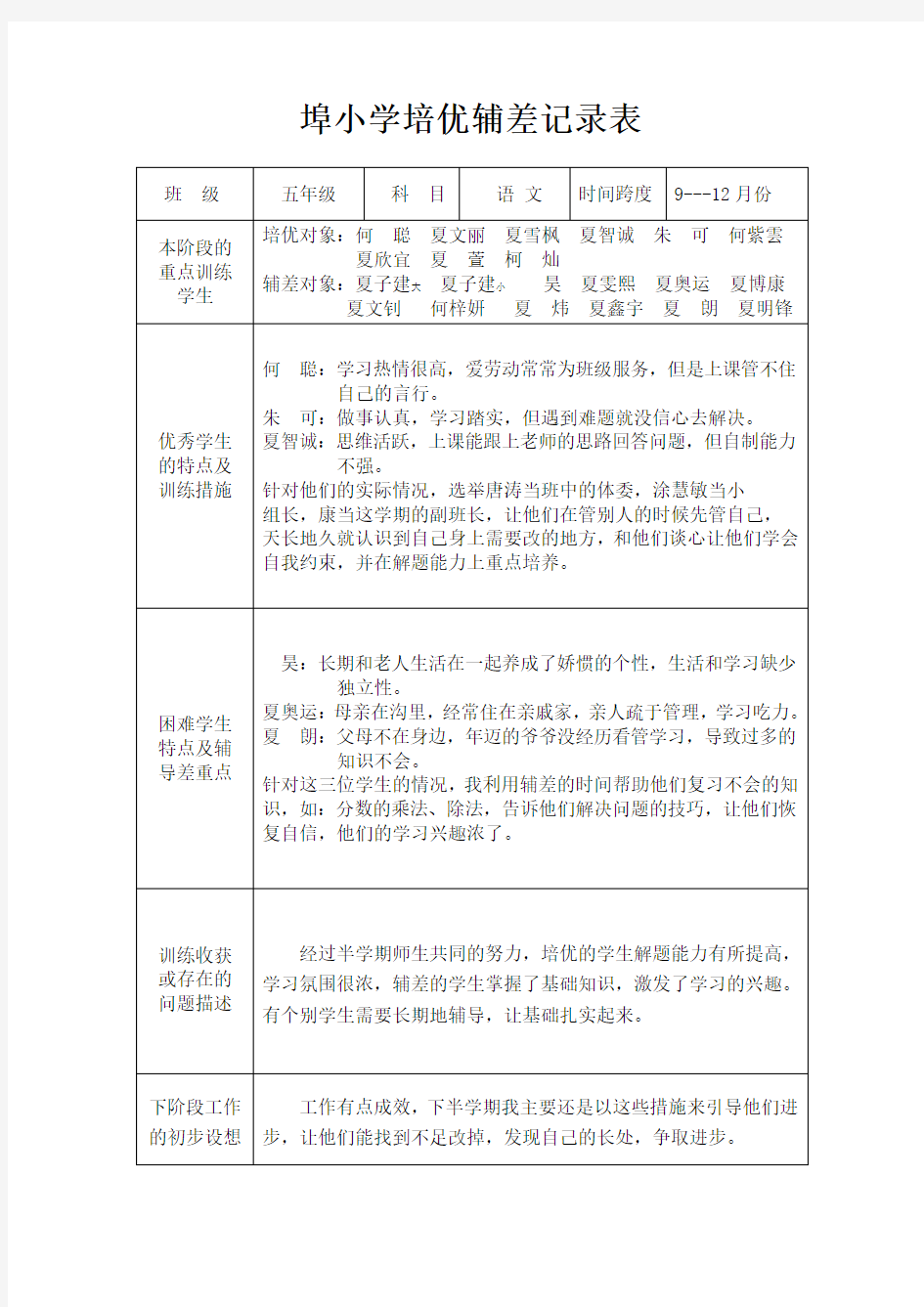 小学语文培优辅差记录簿