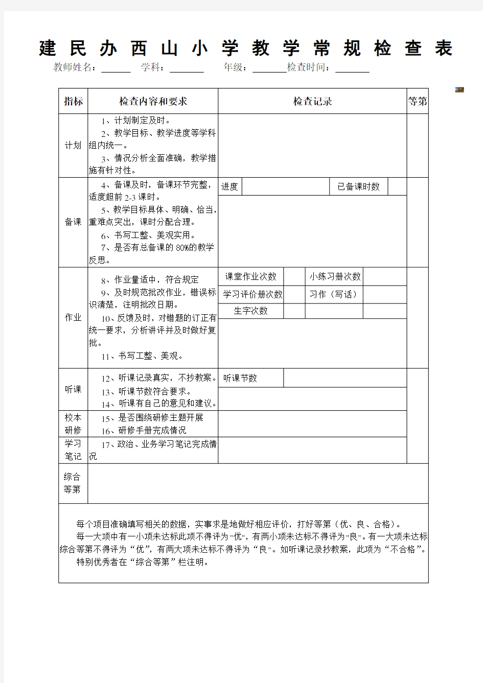 小学教学常规检查表