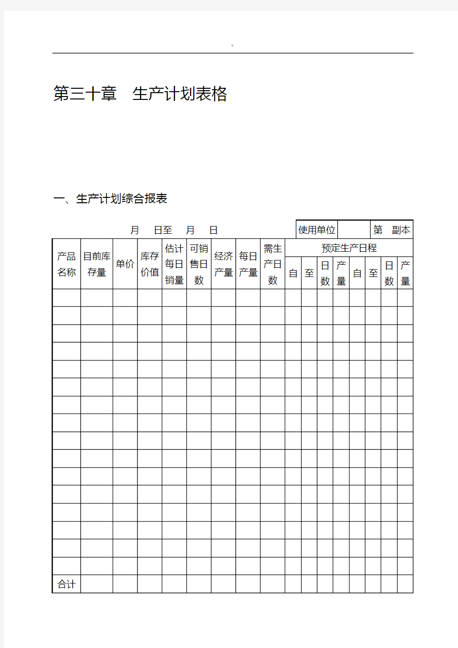 生产工作计划表格大全