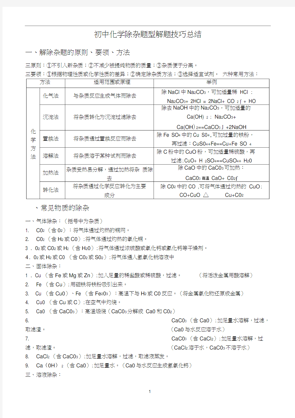 (完整版)初中化学除杂专题(可直接打印)