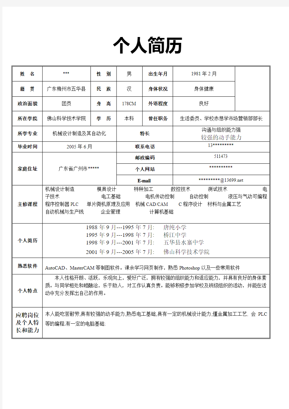 个人简历表格范文模板