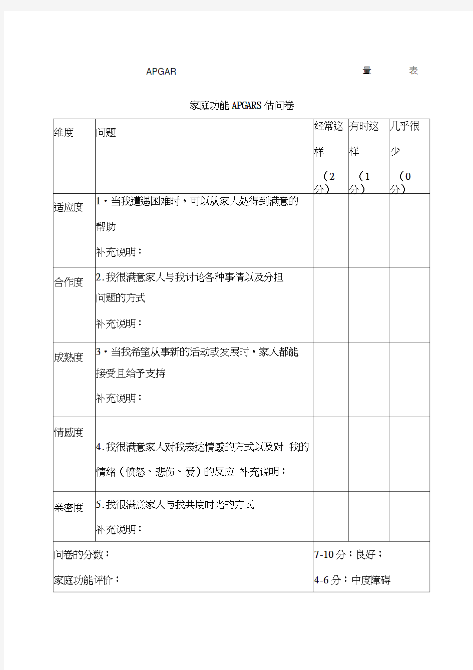 家庭评估工具表单