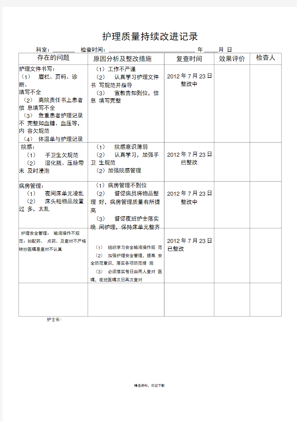 护理质控检查及整改措施