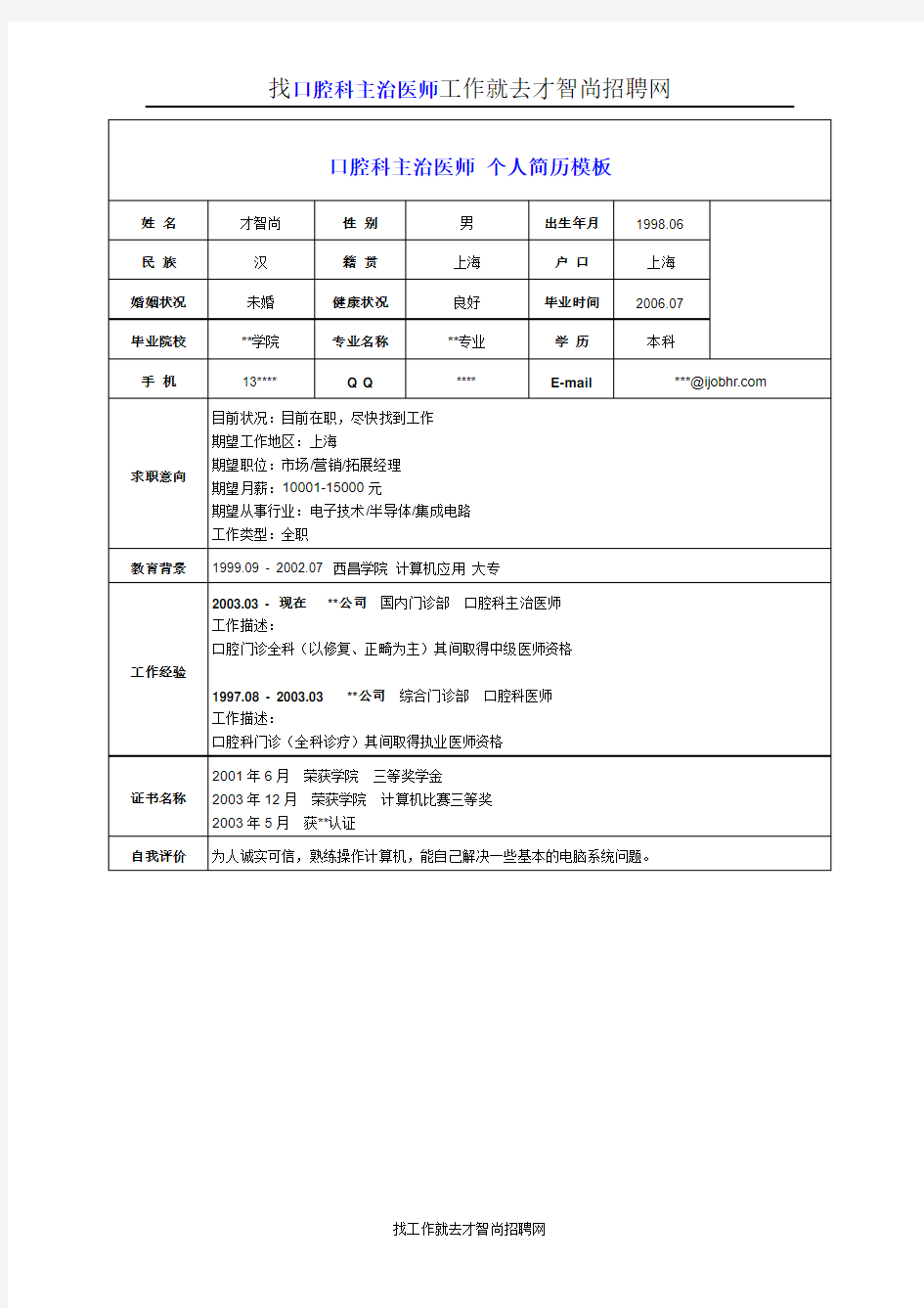 【精品】口腔科主治医师个人简历模板