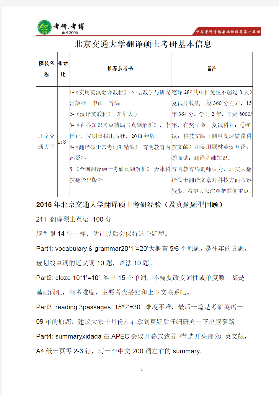 北京交通大学翻译硕士考研真题,考研经验