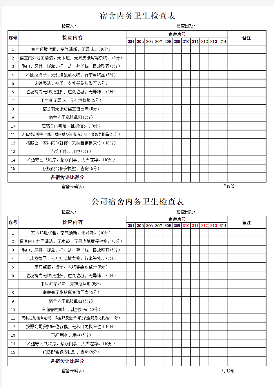 宿舍内务检查评比空白表