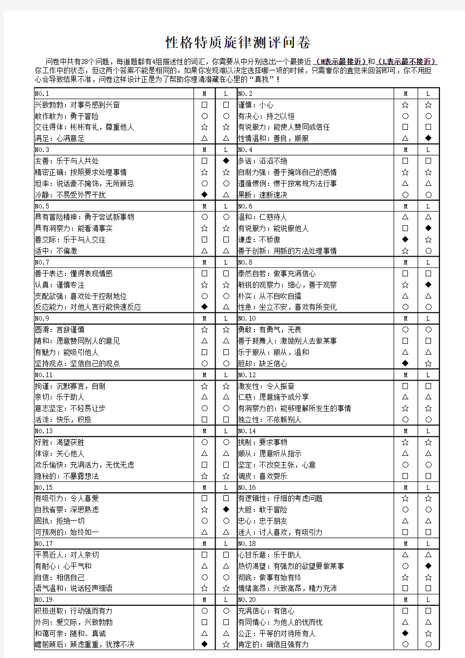 性格特质旋律测评问卷