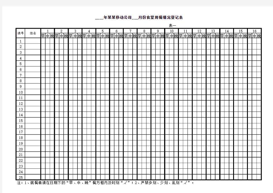 单位就餐登记表