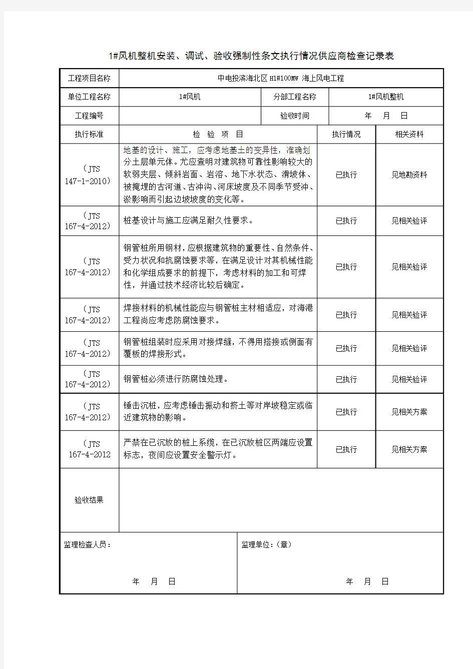 1#风机分部强条监理检查记录表