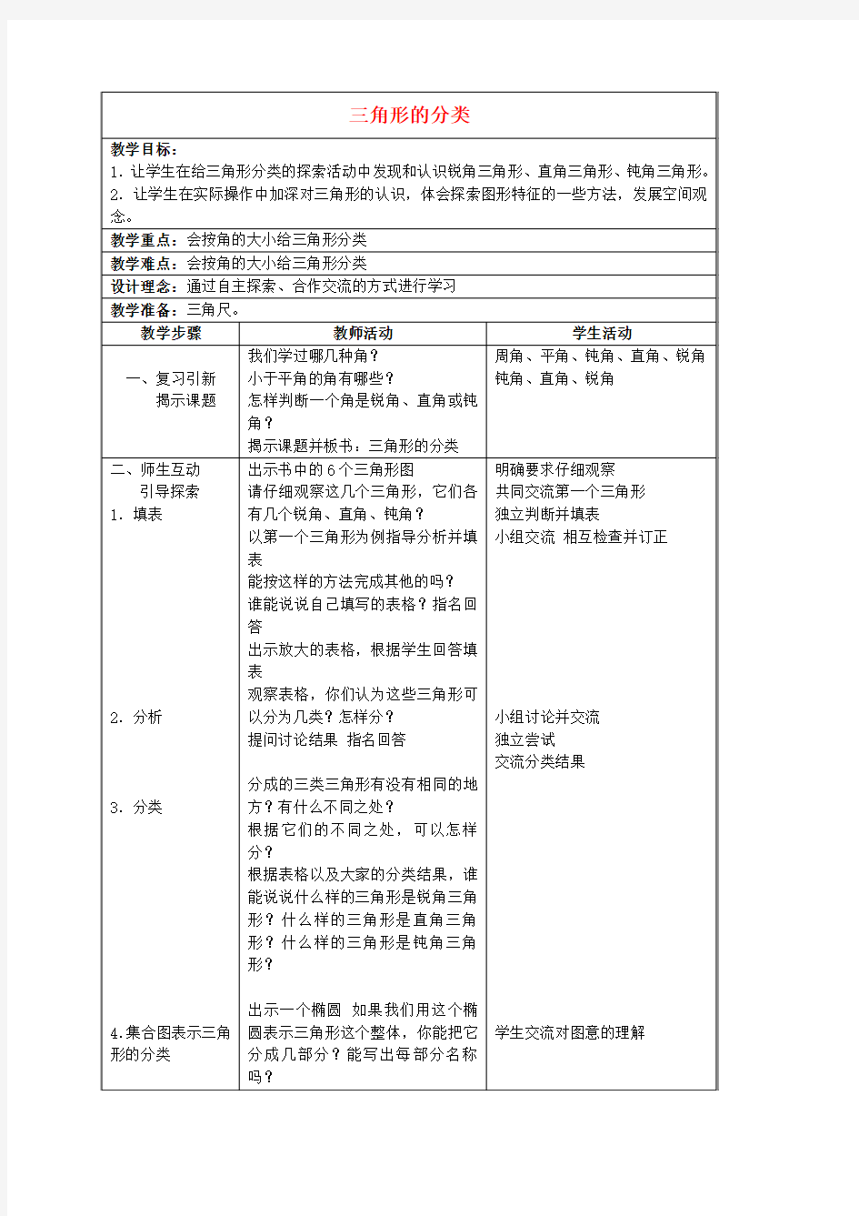 四年级数学下册 三角形的分类教案1 苏教版