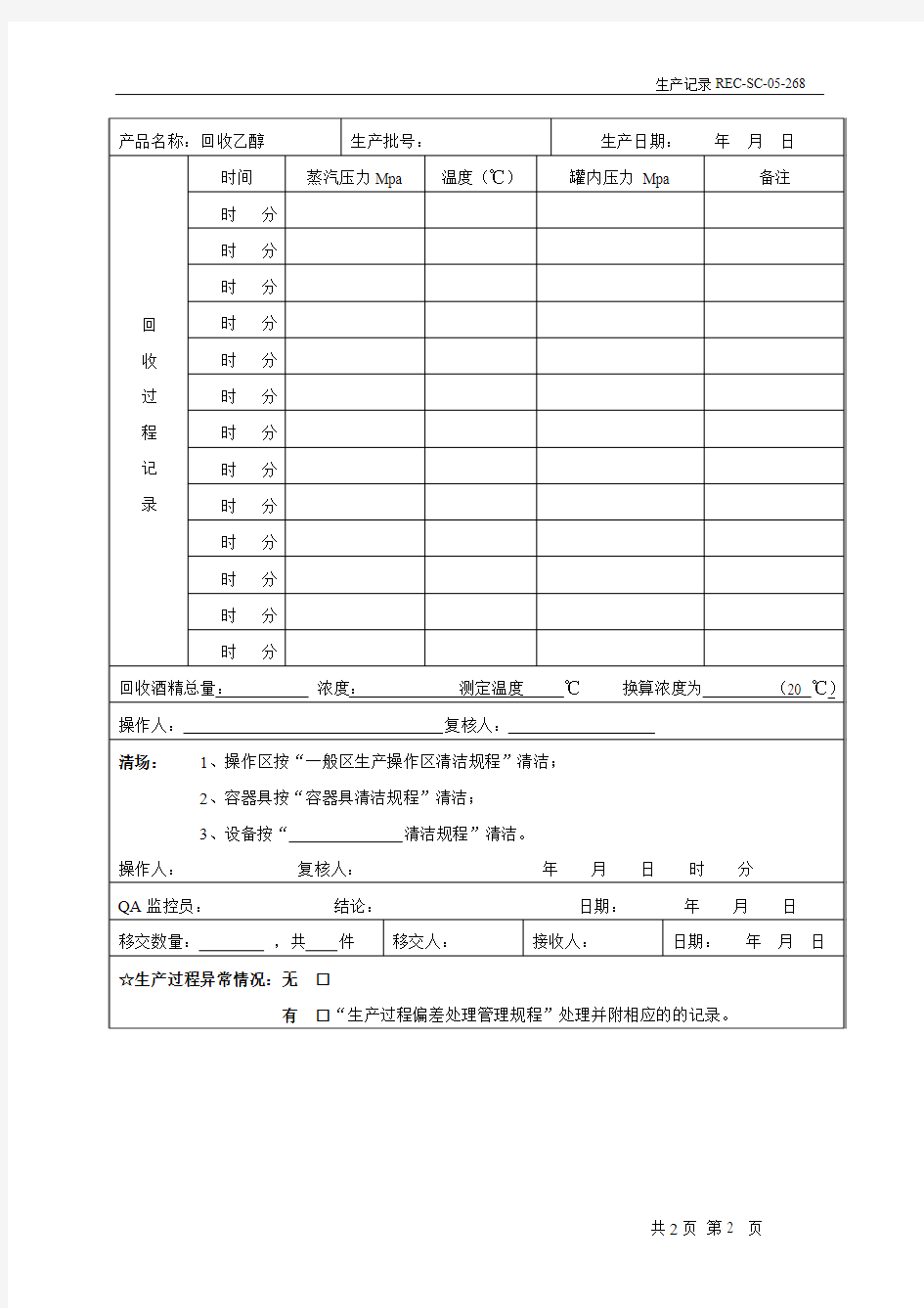 乙醇回收生产记录