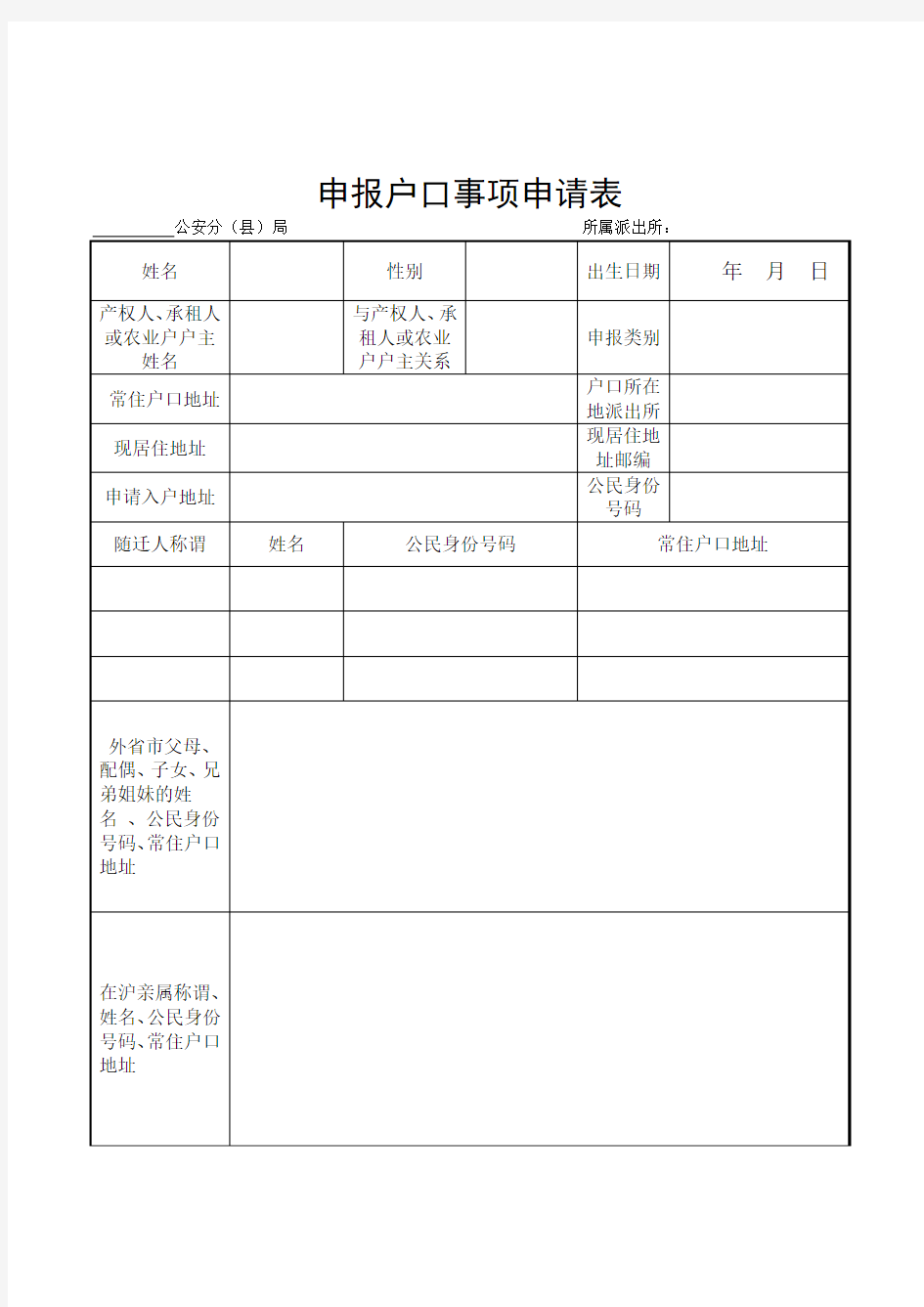 上海市 申报户口事项申请表