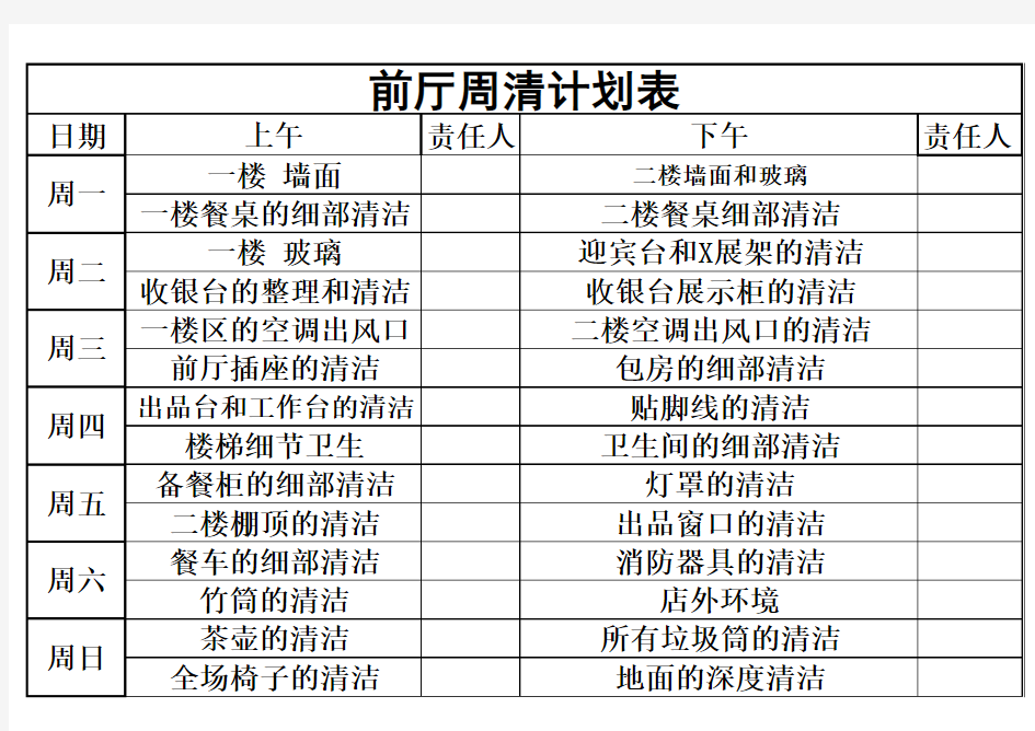 前厅周清计划表