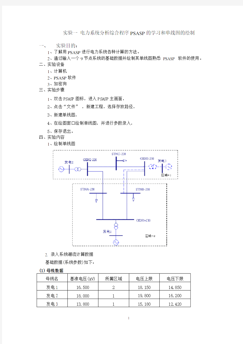 实验一 电力系统分析综合程序PSASP的学习和单线图的绘制