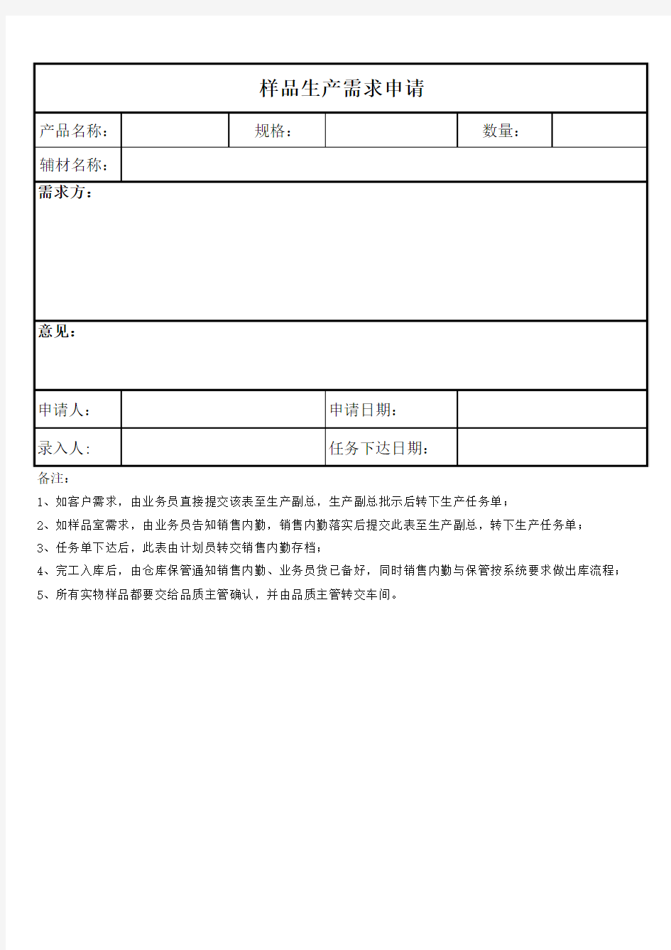 样品生产需求申请单