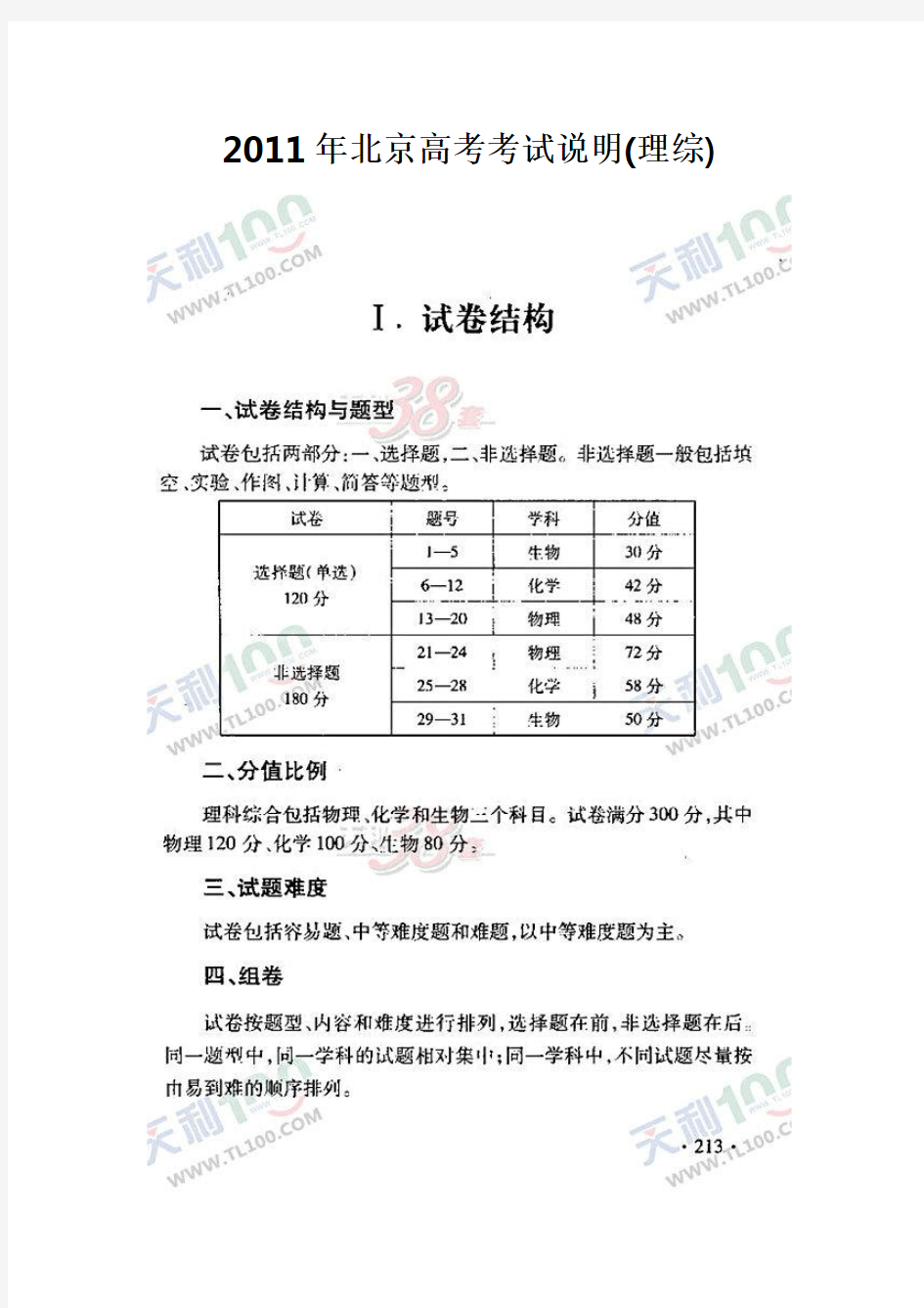 2011年北京高考考试说明(理综)