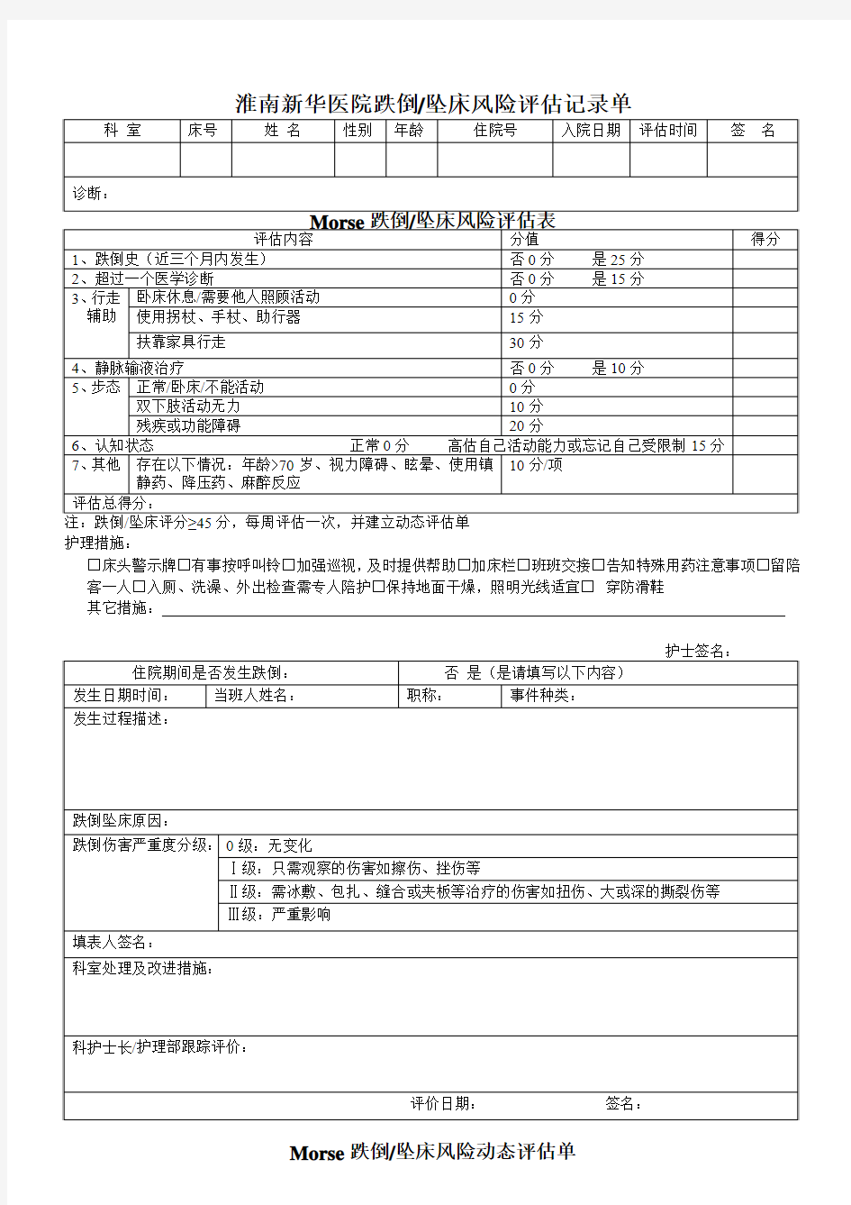 医院跌倒坠床风险评估记录单