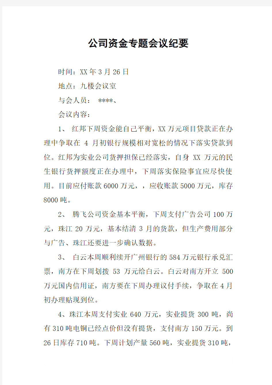 公司资金专题会议纪要