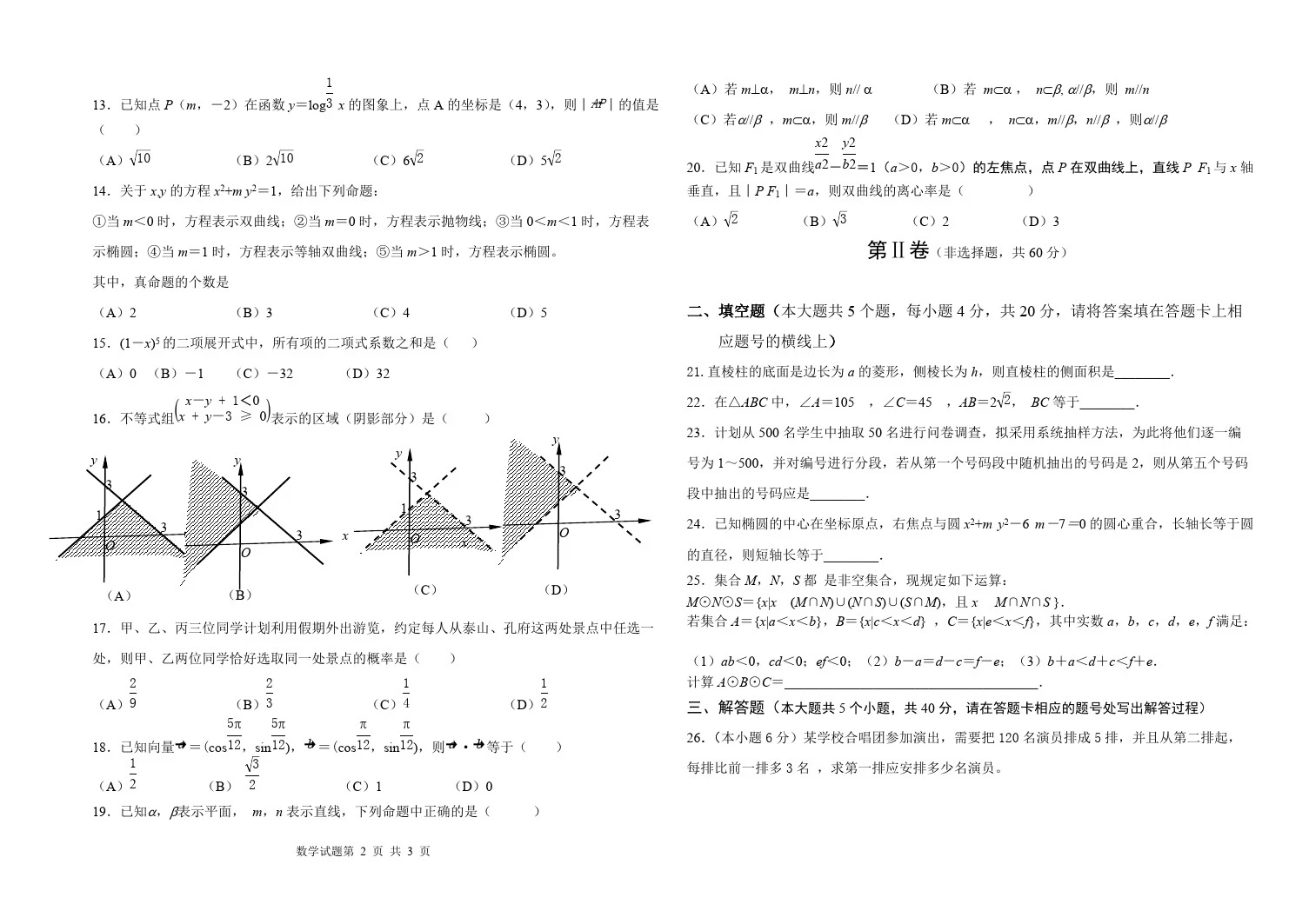 山东省2015年春季高考数学试题(版)(最新整理)