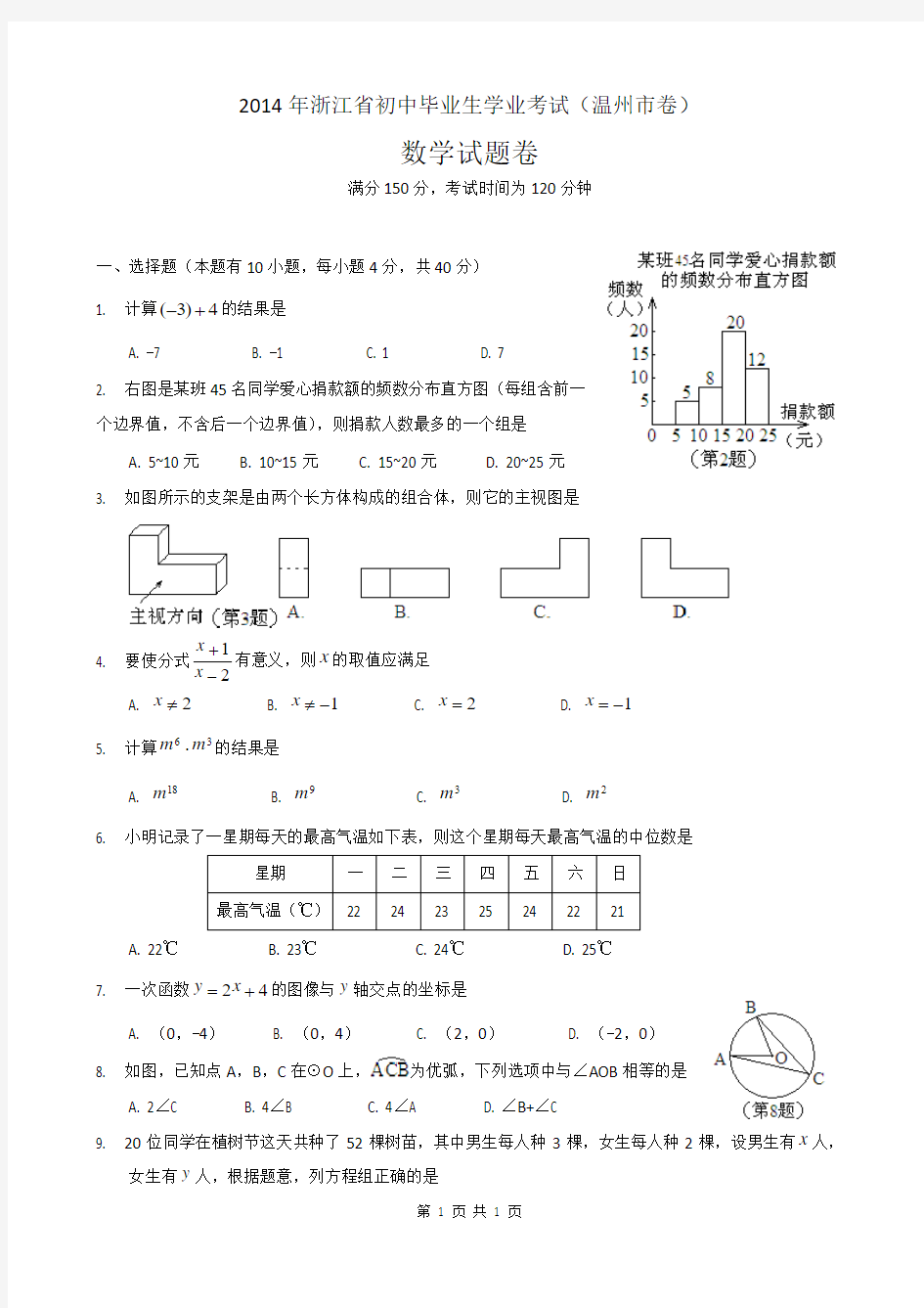 2014年温州市中考数学试卷及参考答案