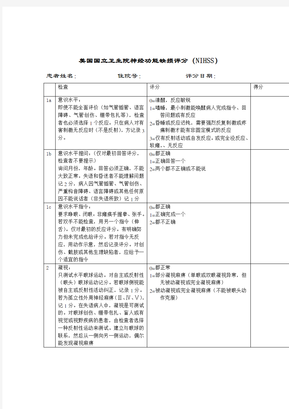 神经功能缺损评分(NIHSS)