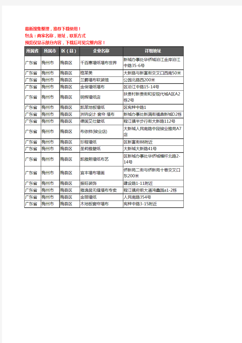 新版广东省梅州市梅县区墙布企业公司商家户名录单联系方式地址大全17家