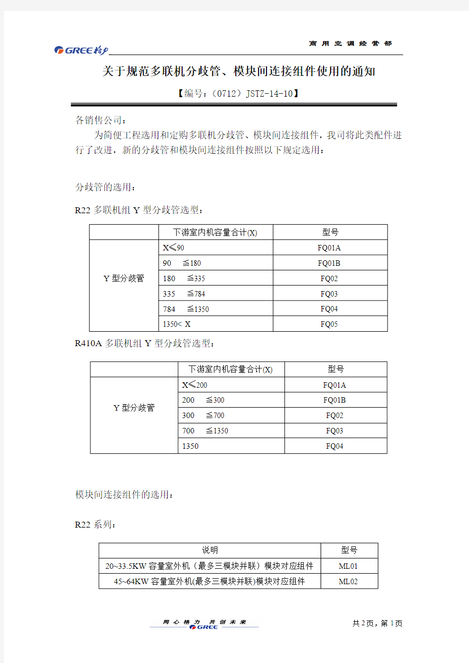 格力多联机分歧管、模块间连接组件使用的通知