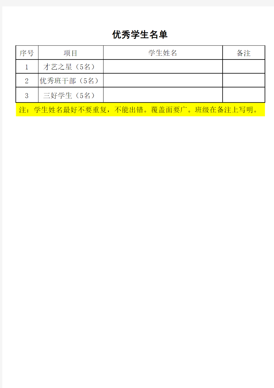 优秀学生名单