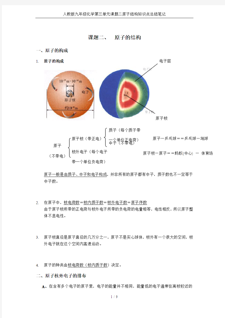 人教版九年级化学第三单元课题二原子结构知识点总结笔记