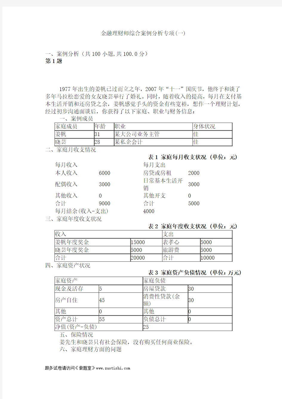 2014年金融理财师综合案例分析专项(一)