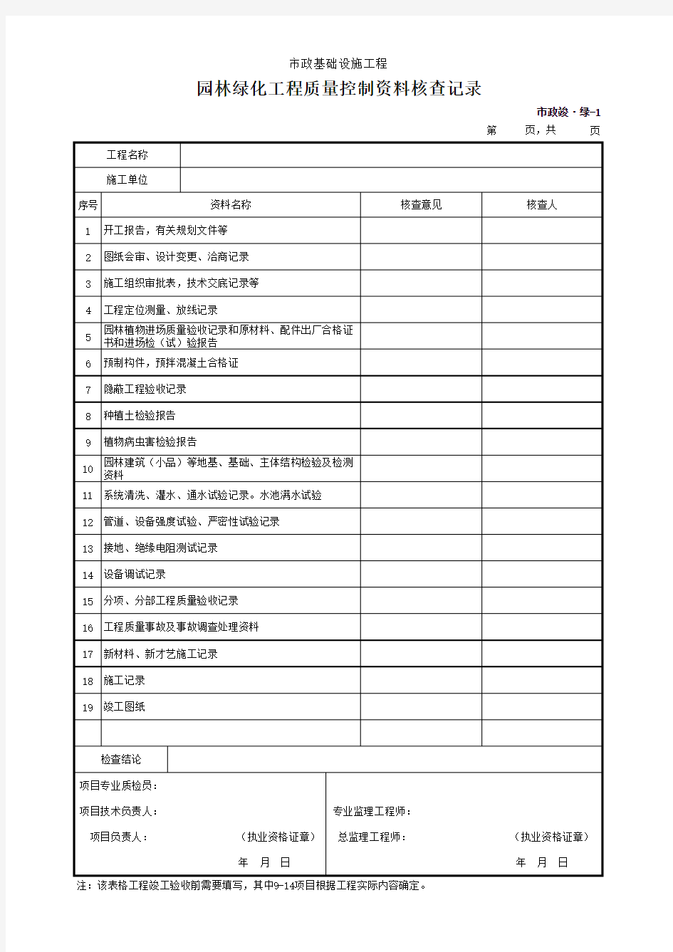 园林绿化工程质量控制资料核查记录