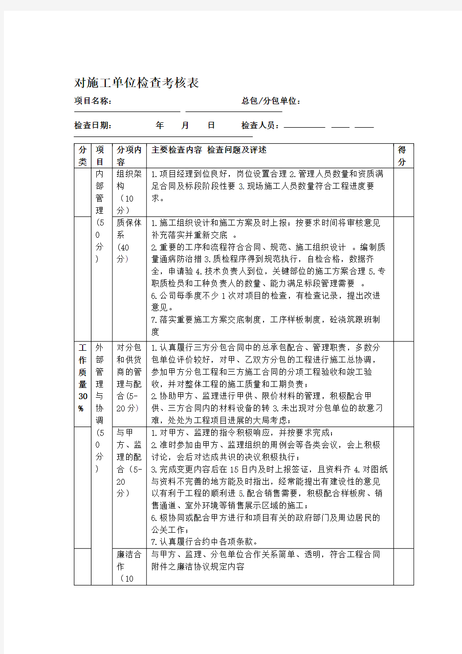 对施工单位检查考核表.doc