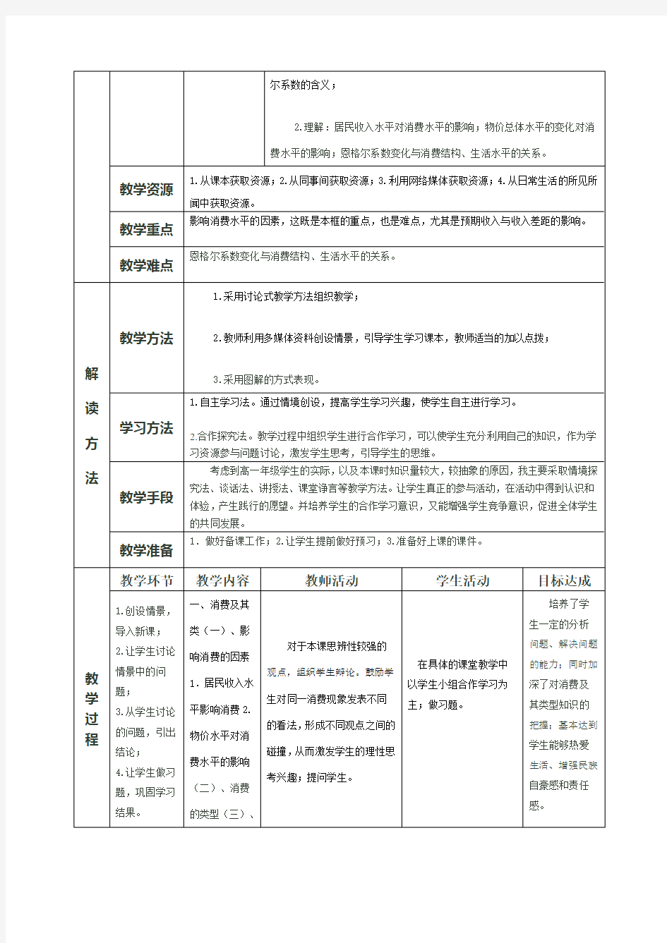 高中思想政治课时教学设计