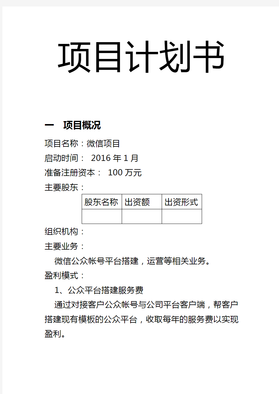 2020年互联网微信平台创业项目计划书