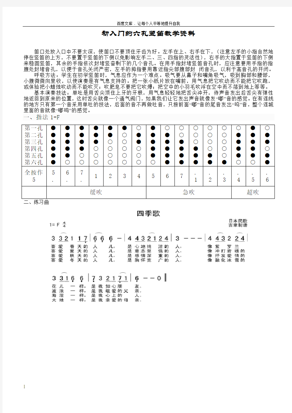 六孔竖笛入门及简谱