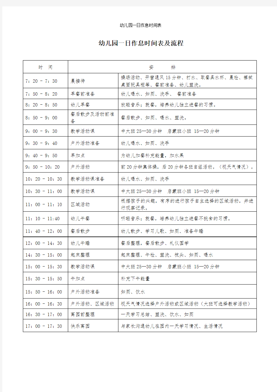 幼儿园一日作息时间表