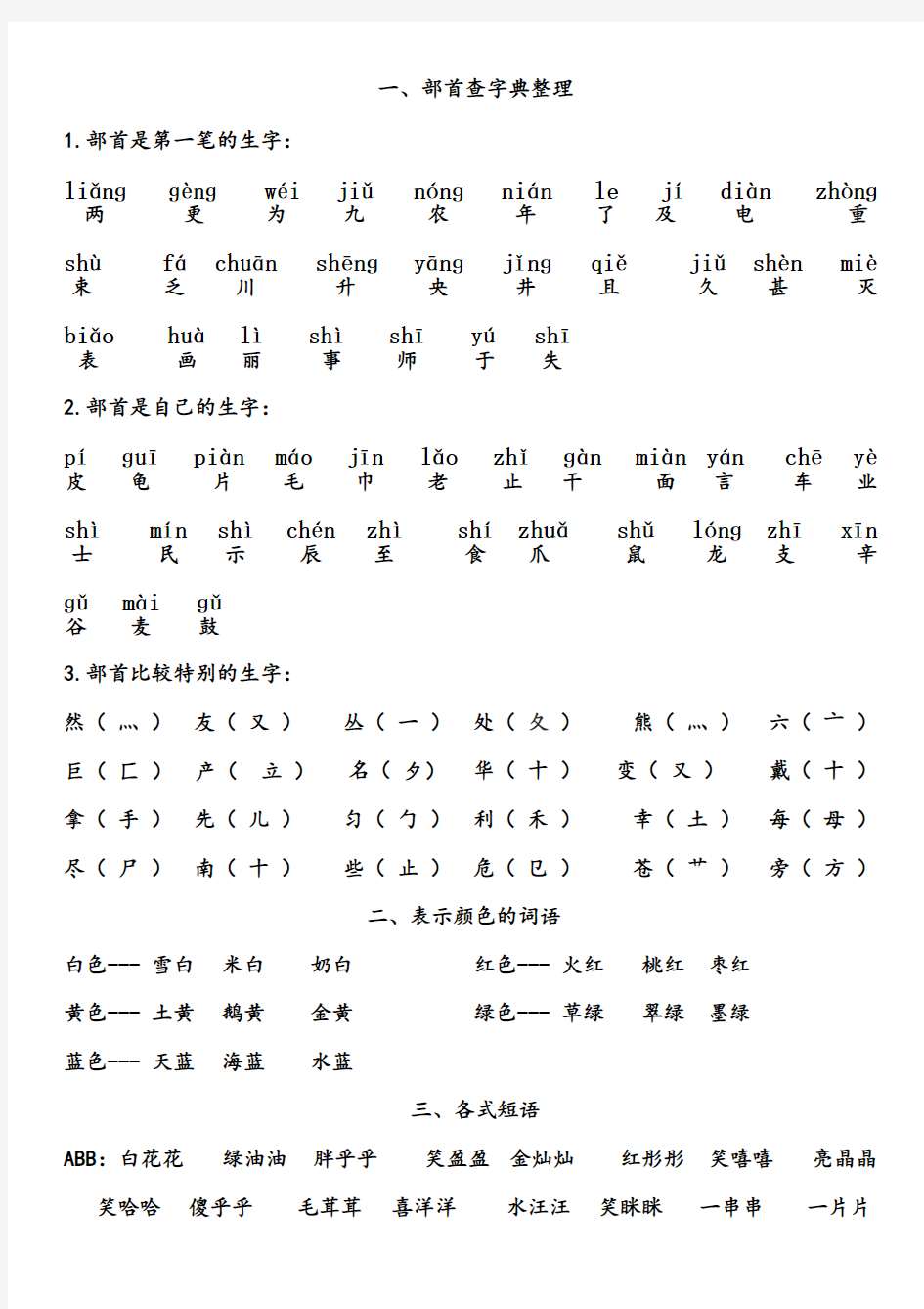 二年级上册生字部首查字法整理