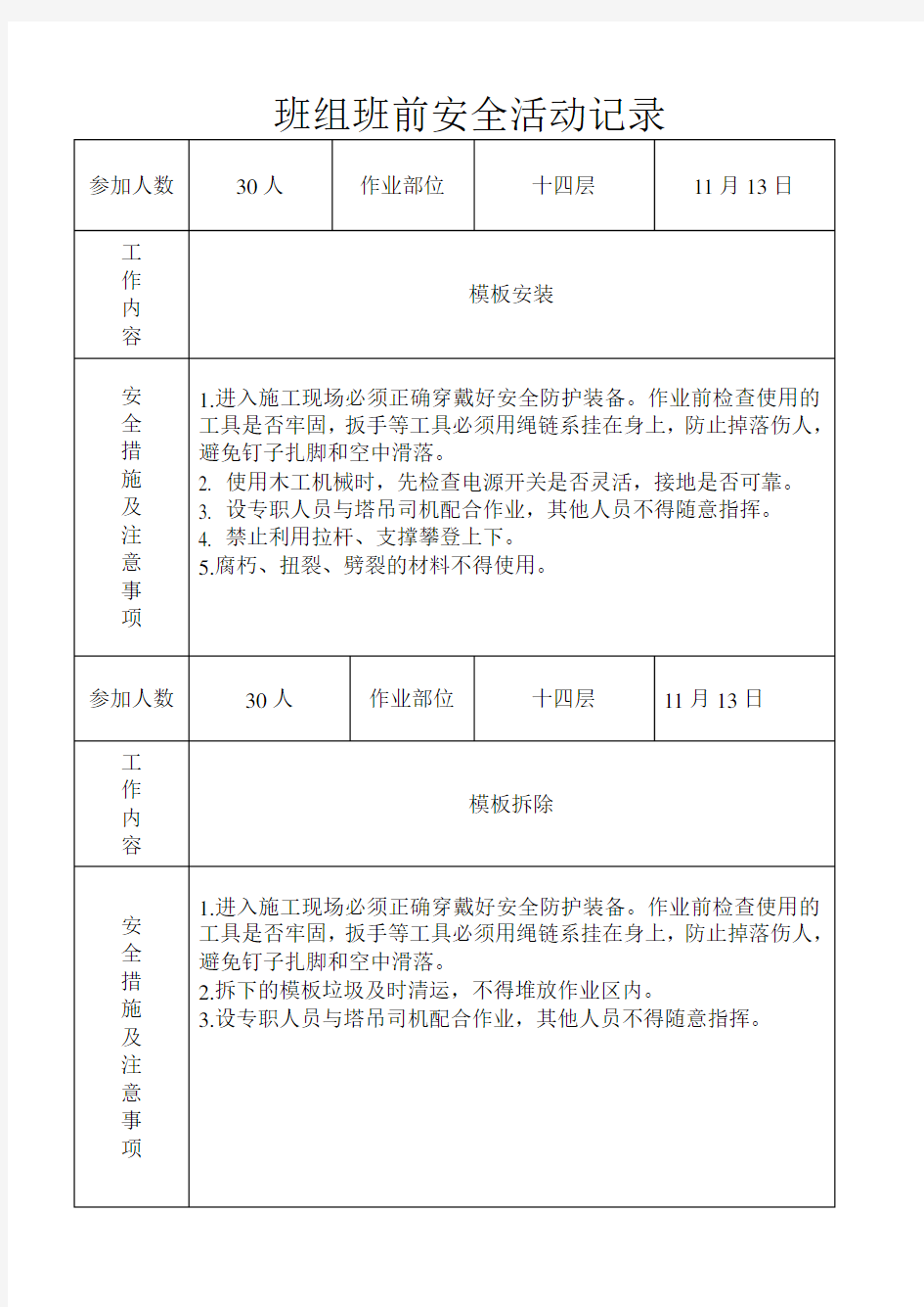 木工 班组班前安全活动记录