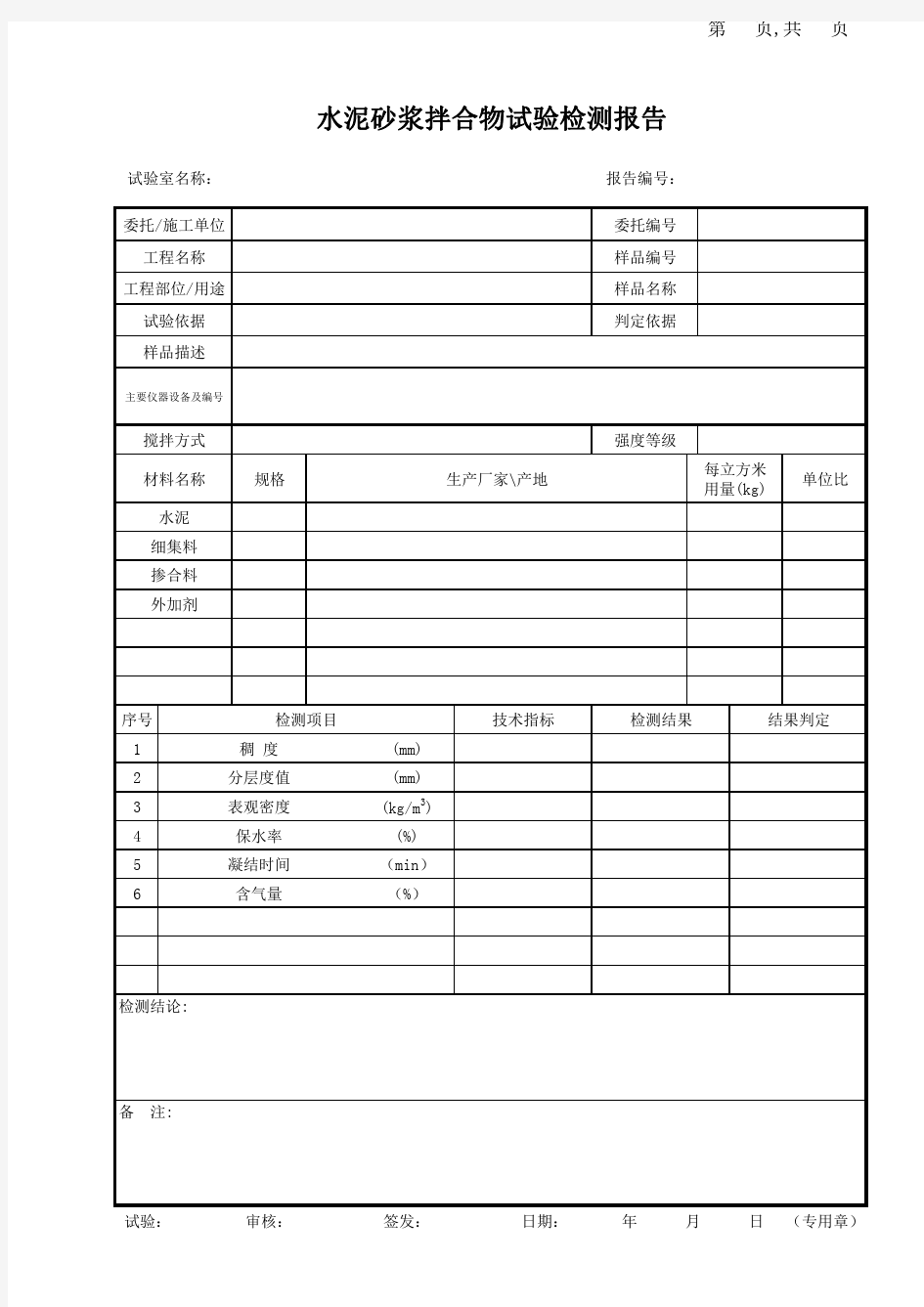 水泥砂浆拌合物试验检测报告