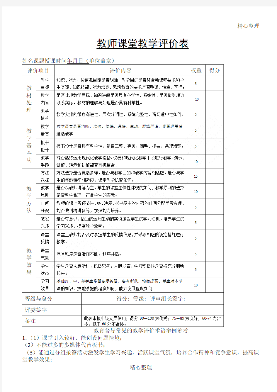 教师课堂教学评价大全(附带评语)