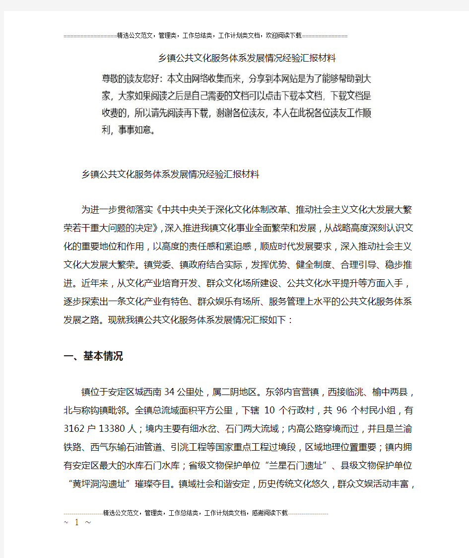 乡镇公共文化服务体系发展情况经验汇报材料