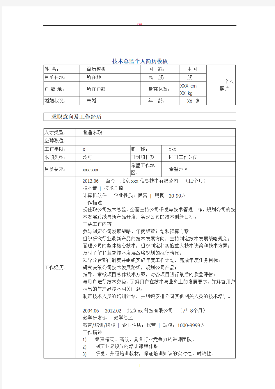 技术总监 个人简历模板