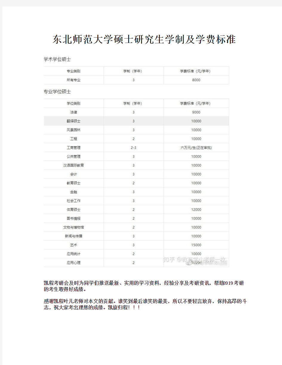 东北师范大学硕士研究生学制及学费标准