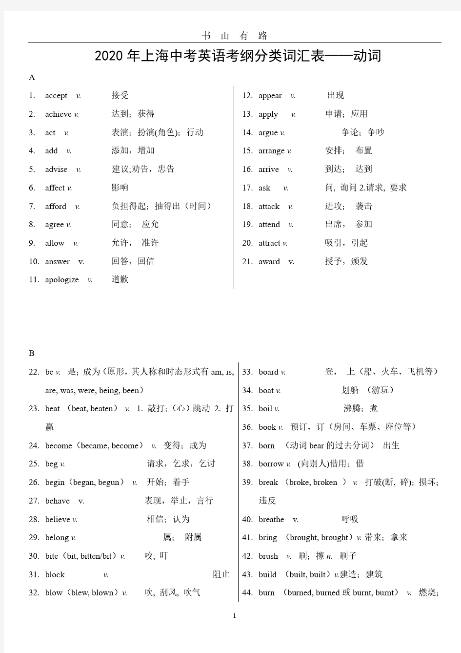 上海中考英语考纲词汇分类表(动词)PDF.pdf