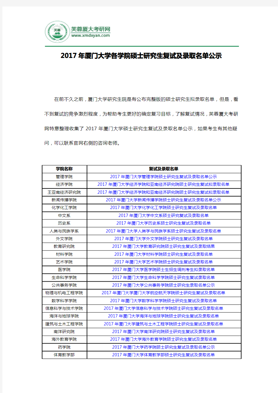 2017年厦门大学各学院硕士研究生复试及录取名单公示