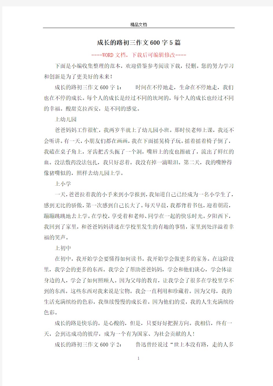 成长的路初三作文600字5篇