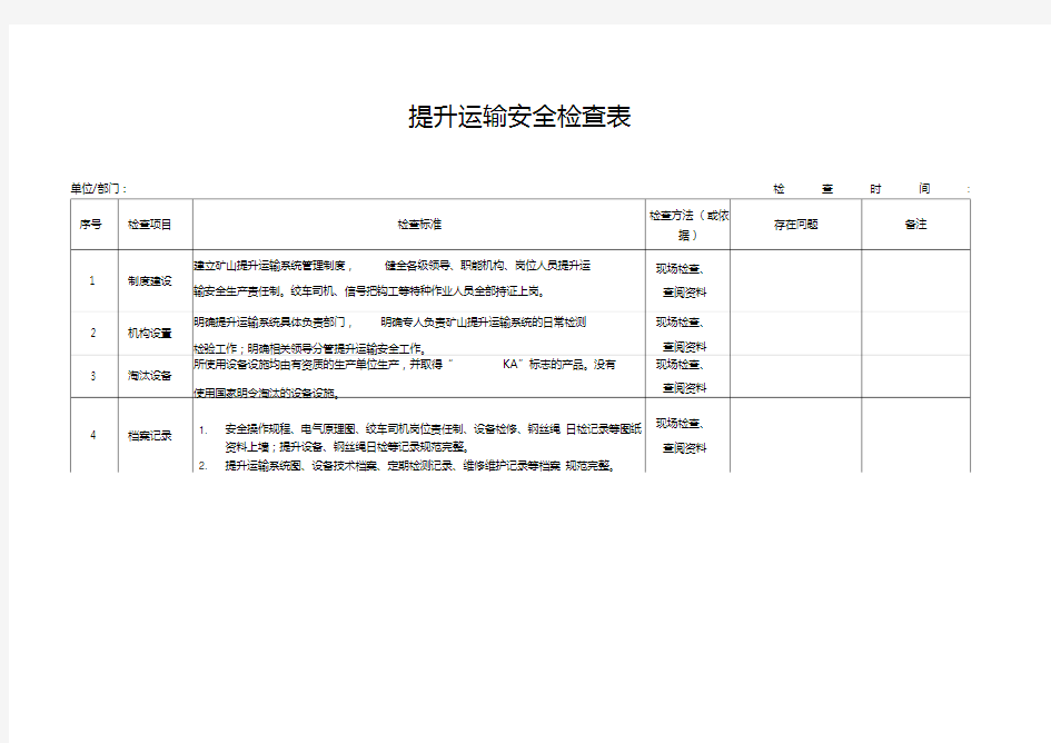 提升运输安全检查表