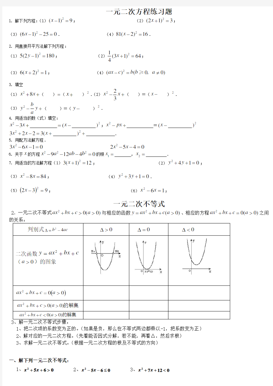 解一元二次方程及一元二次不等式练习题--
