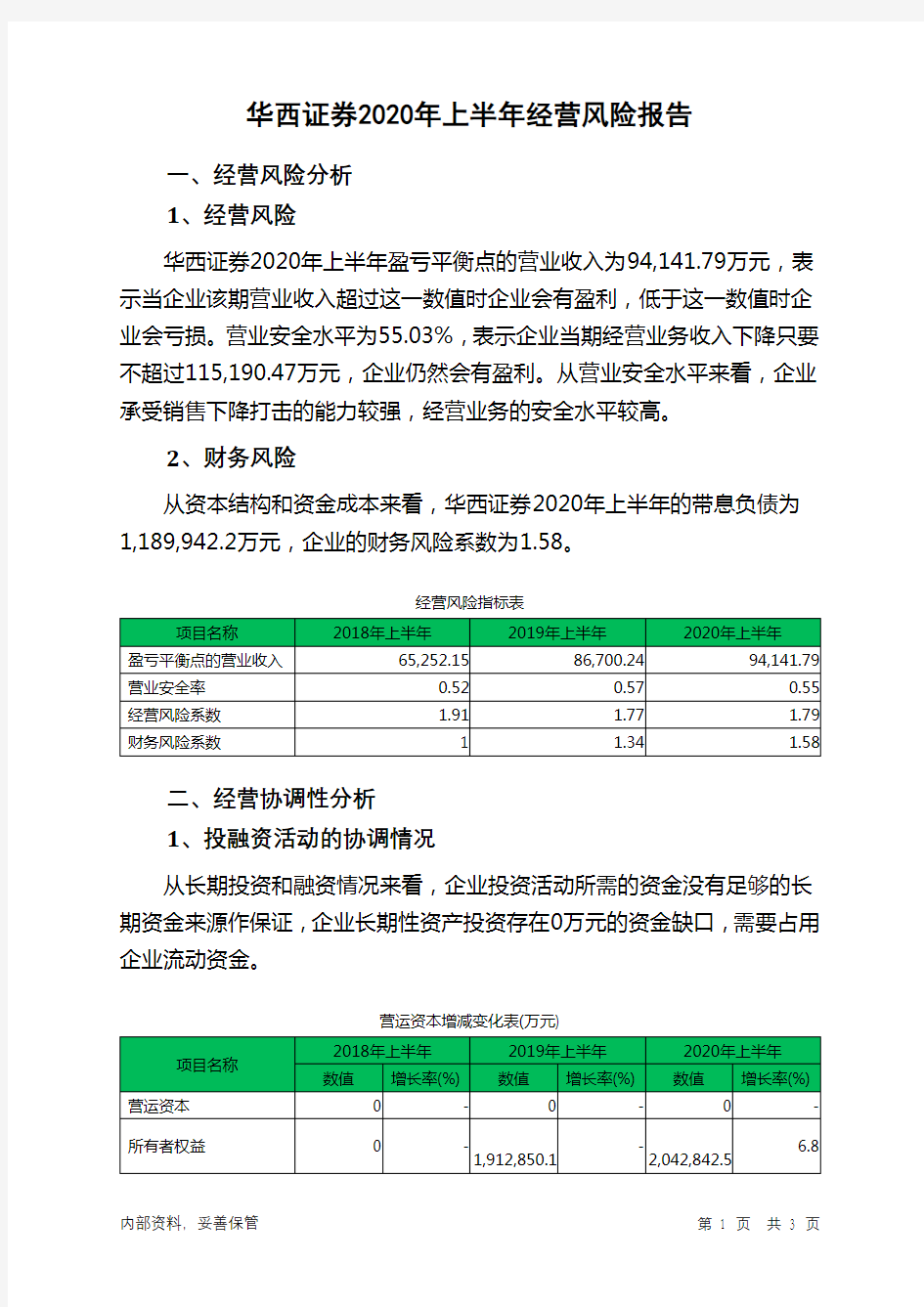 华西证券2020年上半年经营风险报告