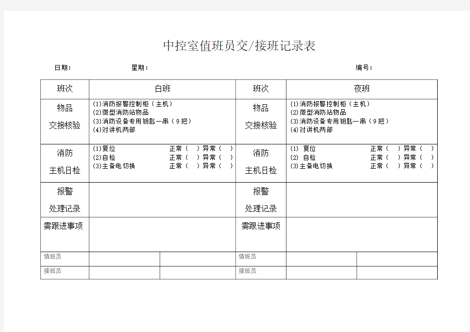 中控室值班员交接班记录表